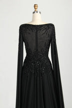 Black Beaded V-Neck A-Line Long Cape Sleeves Mother of the Bride Dress MC155