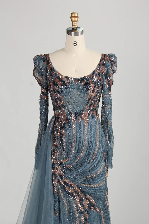 Navy blue sequined bodice with beaded details and long sleeves, front view