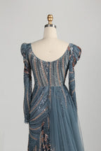 Blue Long Sleeve Sequine Beaded Long Sleeves Side Overskirt MOB Dress MC144