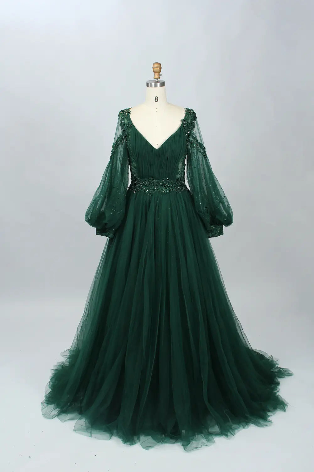 V-Neck Embellished A-Line Mother of the Bride Dress with Balloon Sleeves MK086