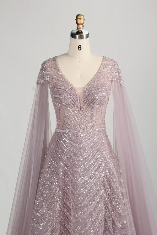 Dusty mauve sequined V-neck mother dress with draped cape sleeves, front view