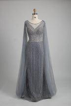 Sequin evening gown with cape sleeves, V-neck bodice, mermaid silhouette, silver-gray