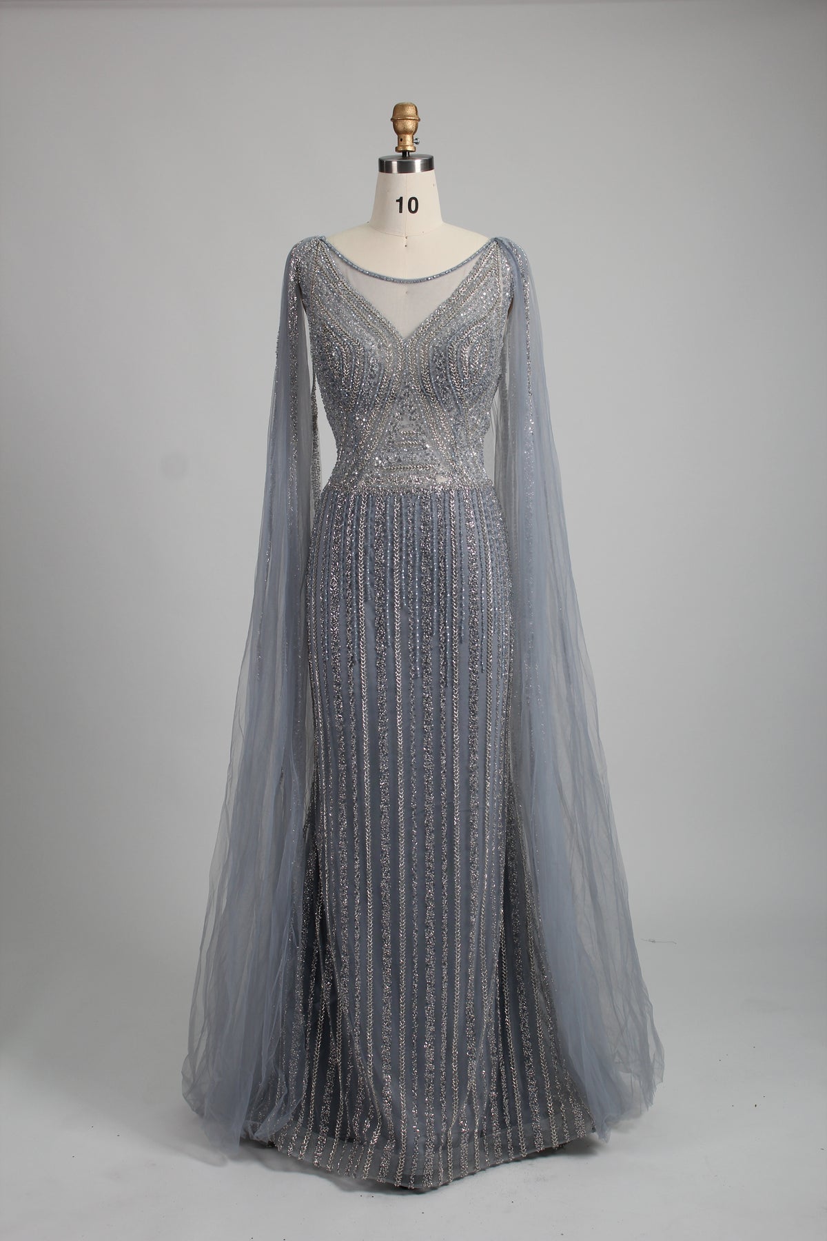 Sequin evening gown with cape sleeves, V-neck bodice, mermaid silhouette, silver-gray