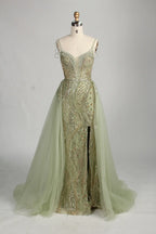Sage Green V-Neck Beaded Sequin Tulle Overskirt Front Slit Evening Dress MC151