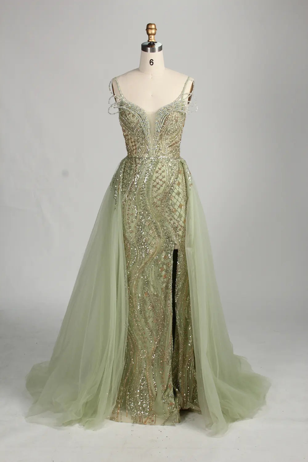 Sage Green V-Neck Beaded Sequin Tulle Overskirt Front Slit Evening Dress MC151