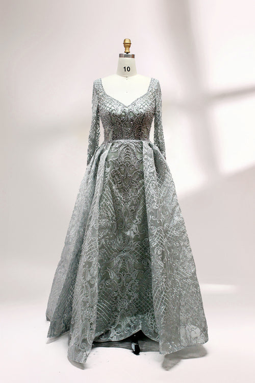 Silver-gray long-sleeve evening gown with beaded V-neck bodice and flared skirt