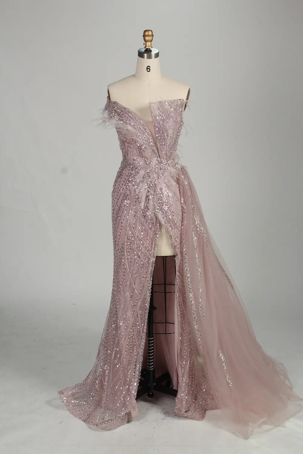 Blush Pink Sequin Off-the-Shoulder Front Slit Evening Dress MC150