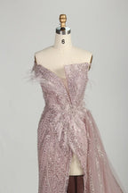 Blush Pink Sequin Off-the-Shoulder Front Slit Evening Dress MC150