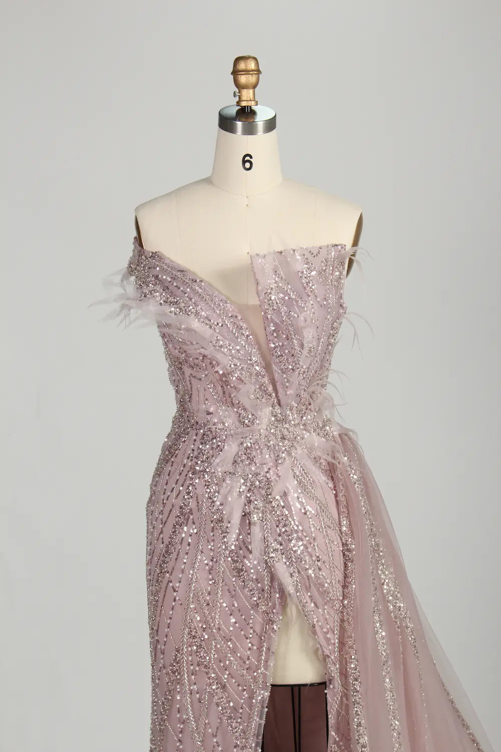 Blush Pink Sequin Off-the-Shoulder Front Slit Evening Dress MC150