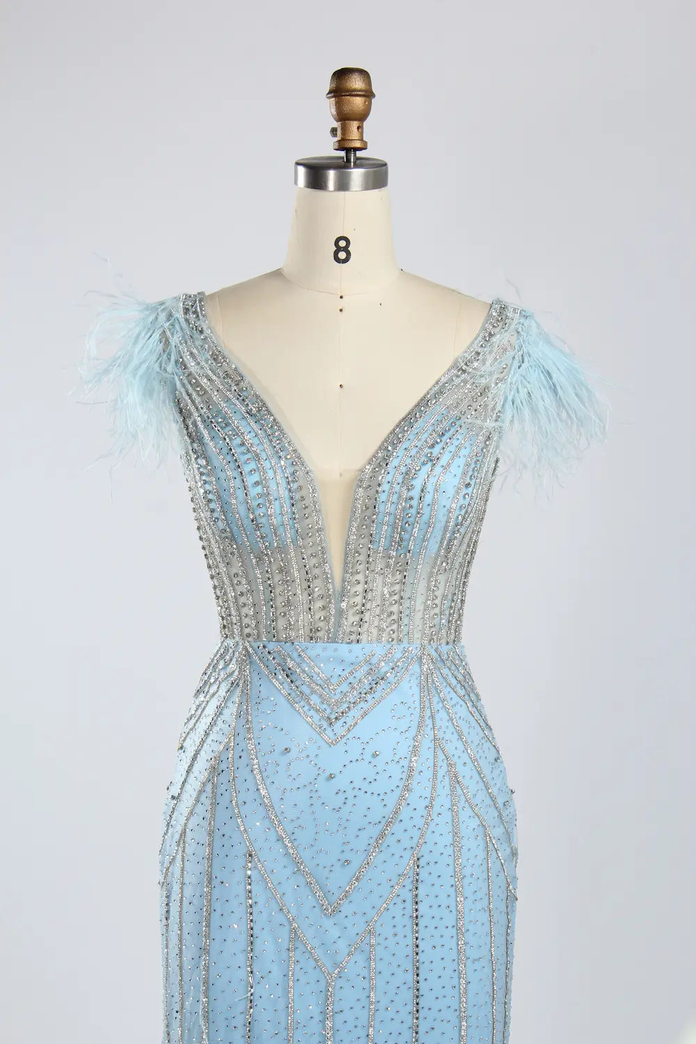 Light Blue V-Neck Feather Cap Sleeve Beaded Sequin Mermaid Evening Dress KY053