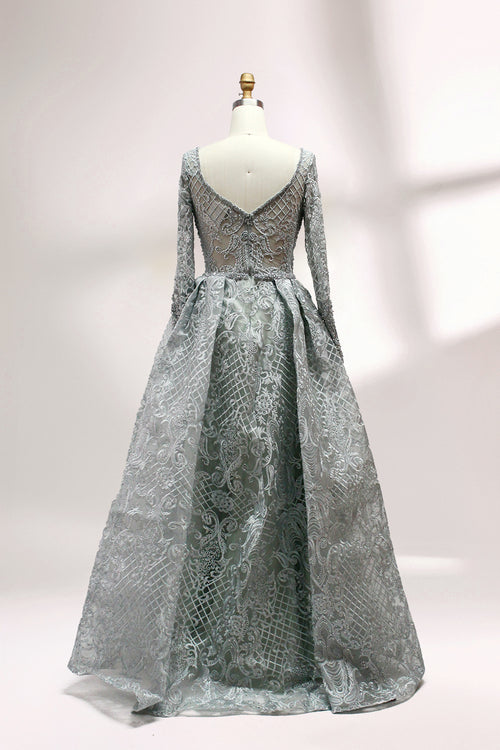 Silver-gray embroidered long-sleeve evening gown with fitted waist and full skirt
