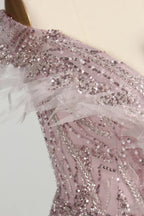 Blush Pink Sequin Off-the-Shoulder Front Slit Evening Dress MC150