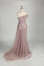 Blush Pink Sequin Off-the-Shoulder Front Slit Evening Dress MC150