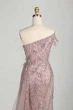 Blush Pink Sequin Off-the-Shoulder Front Slit Evening Dress MC150
