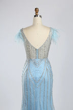 Light Blue V-Neck Feather Cap Sleeve Beaded Sequin Mermaid Evening Dress KY053