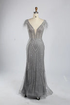 Light Blue V-Neck Feather Cap Sleeve Beaded Sequin Mermaid Evening Dress KY053