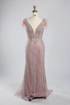 Light Blue V-Neck Feather Cap Sleeve Beaded Sequin Mermaid Evening Dress KY053