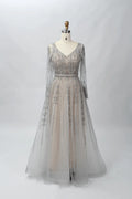 Sparkling V-Neck A-Line Mother of the Bride Dress with Long Sleeves MC064B
