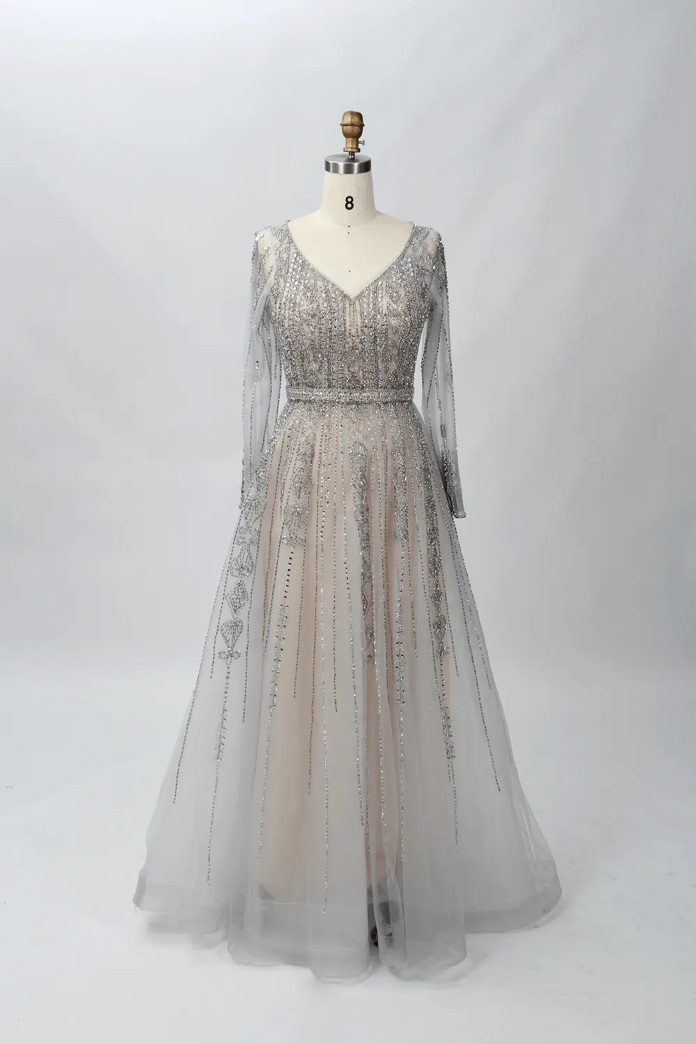 Sparkling V-Neck A-Line Mother of the Bride Dress with Long Sleeves MC064B