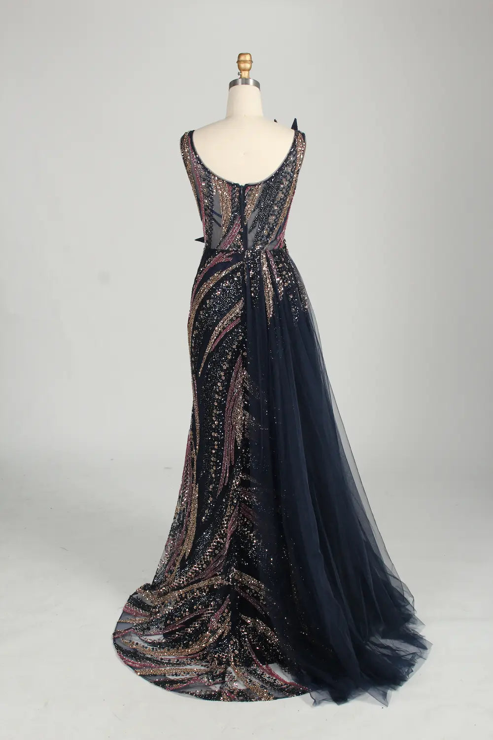 Sculptural Black Beaded Mermaid Evening Dress with Side Train MC147