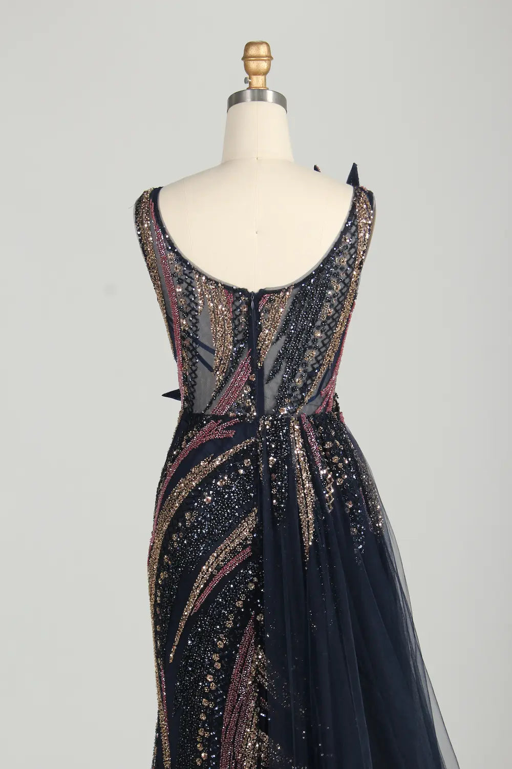Sculptural Black Beaded Mermaid Evening Dress with Side Train MC147