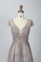 V-Neck Beaded A-Line Mother of the Bride Dress with Cap Sleeves MC062