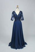 Navy lace chiffon mother-of-the-bride dress with half sleeves, V-neck, fitted bodice