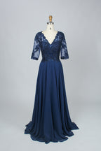 Navy lace chiffon mother-of-the-bride dress with half sleeves, V-neck, fitted bodice