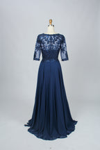 Navy lace chiffon mother-of-the-bride dress with lace back detail and half sleeves