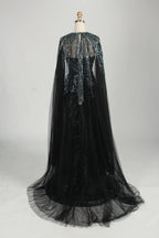 V-Neck Sequin Mermaid Mother of the Bride Dress with Detachable Cape MC146