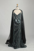 V-Neck Sequin Mermaid Mother of the Bride Dress with Detachable Cape MC146