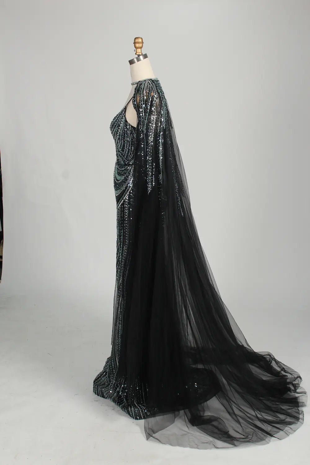 V-Neck Sequin Mermaid Mother of the Bride Dress with Detachable Cape MC146
