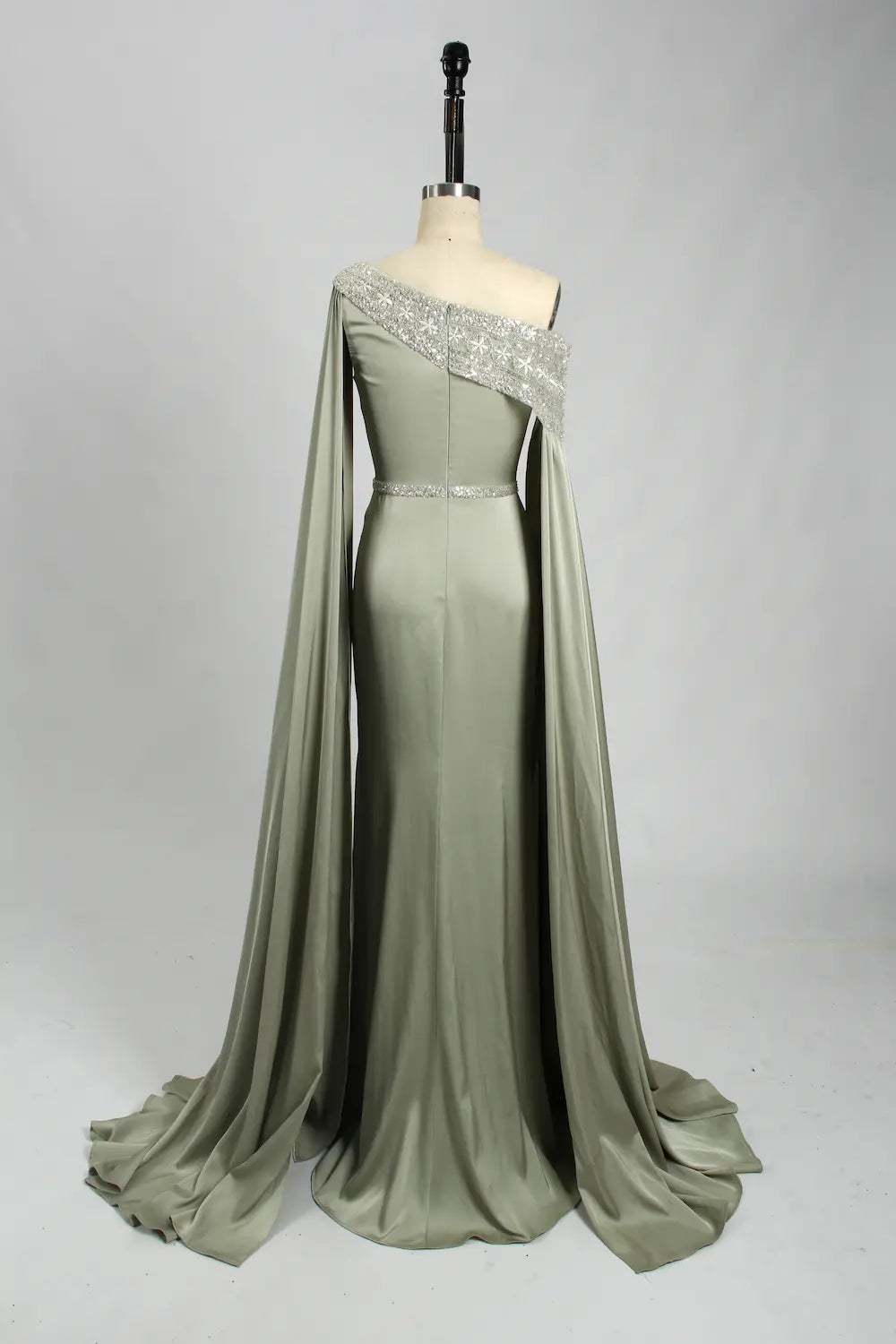 One Shoulder Sage Green Satin Mother of the Bride Dress KS029