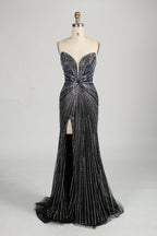 photo of a beautiful woman in a stunning blue ball gown with a plunging neckline and thigh-high slit, standing confidently in a studio with soft, diffused lighting, elegant and glamorous, full-length dress with intricate beadwork, long brunette hair styled in an elegant updo, fair skin, red lipstick, high heels, minimalist white background, fashion photography, stylish and sophisticated, no watermarks.KT1432-08