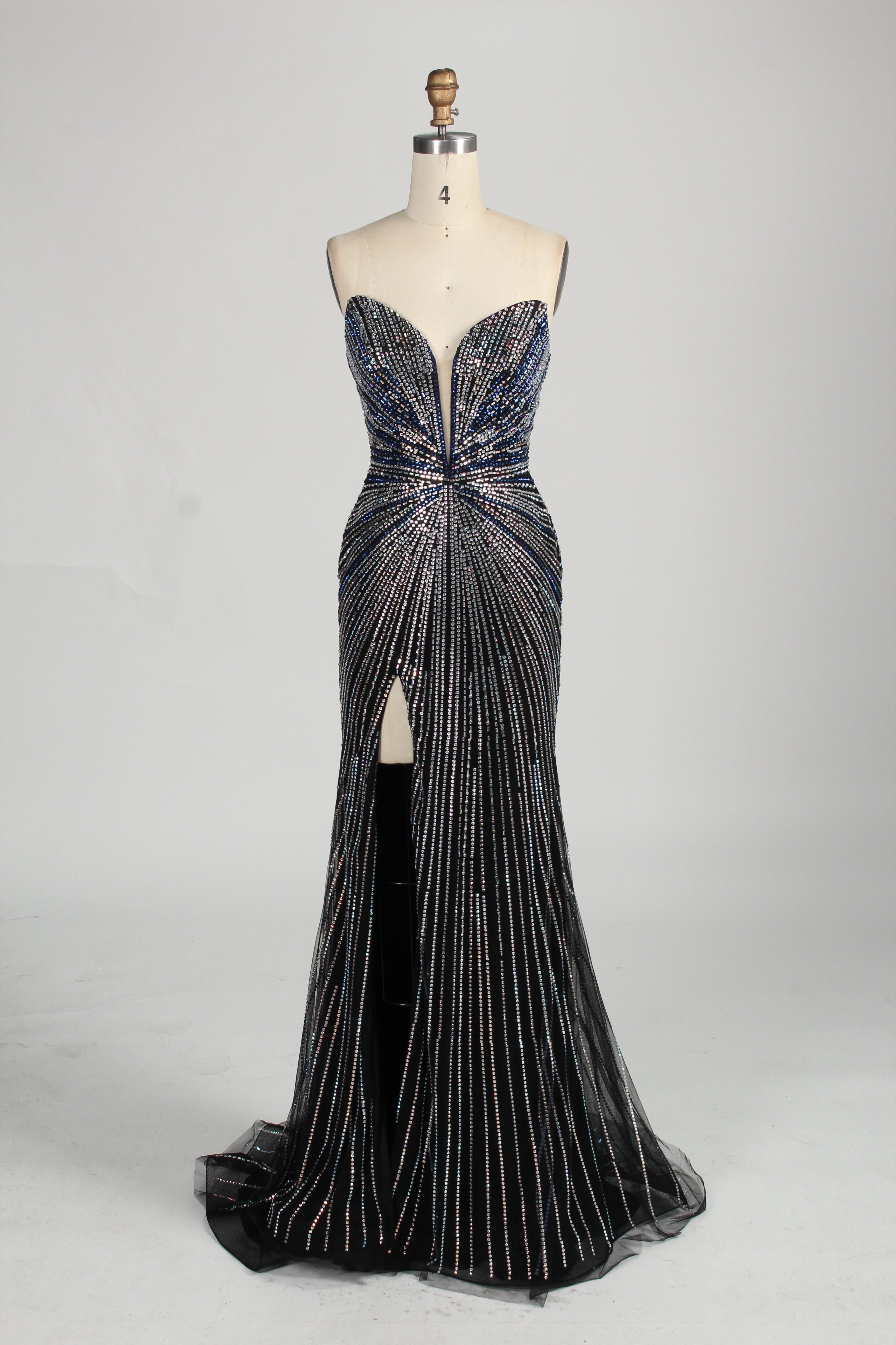 photo of a beautiful woman in a stunning blue ball gown with a plunging neckline and thigh-high slit, standing confidently in a studio with soft, diffused lighting, elegant and glamorous, full-length dress with intricate beadwork, long brunette hair styled in an elegant updo, fair skin, red lipstick, high heels, minimalist white background, fashion photography, stylish and sophisticated, no watermarks.KT1432-08