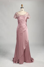 Light rose satin mother-of-the-bride dress with lace cap sleeves and ruched bodice
