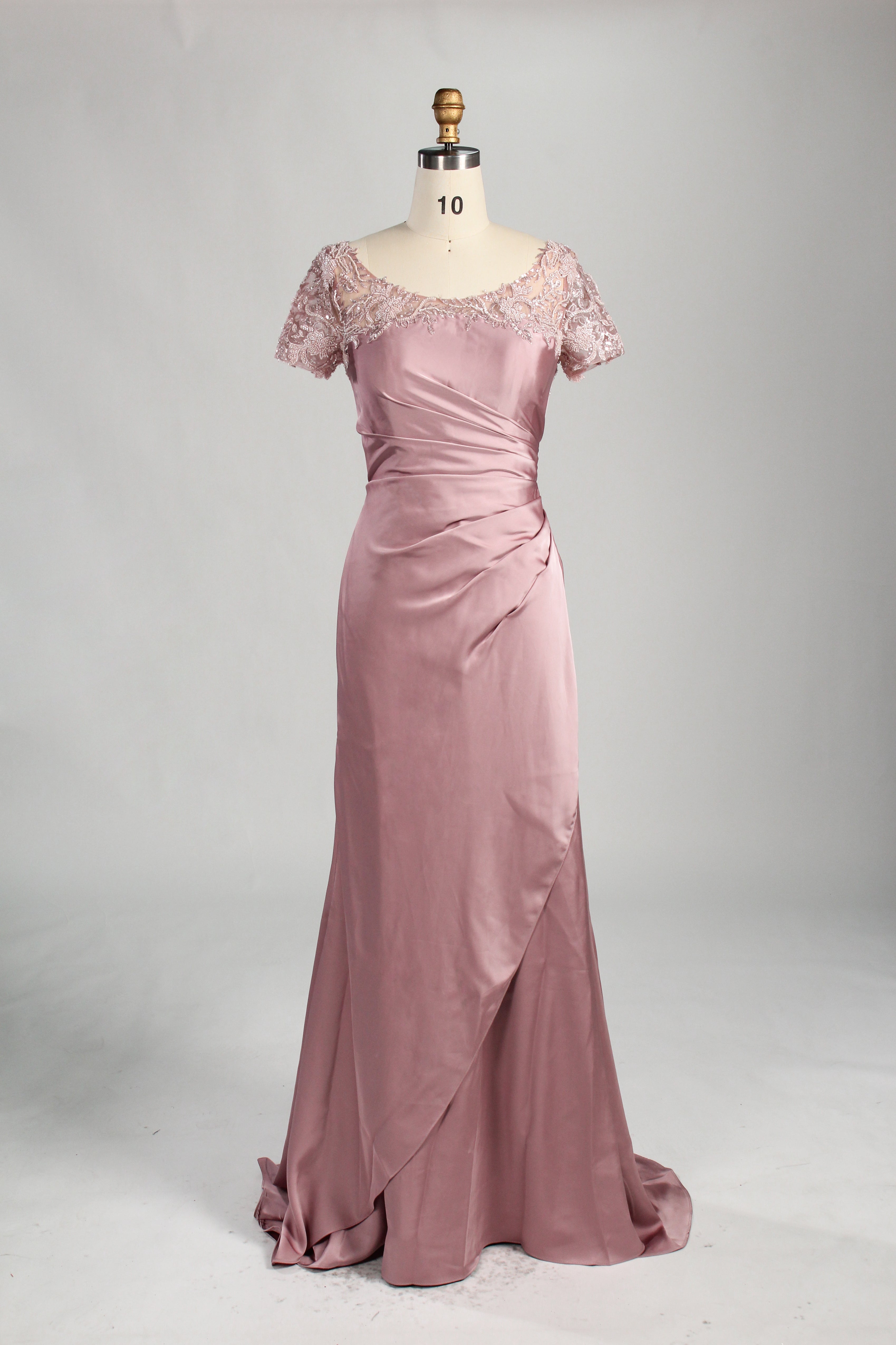 Light rose satin mother-of-the-bride dress with lace cap sleeves and ruched bodice