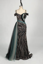Off the Shoulder Sequined Black Evening Dress with Side Train MC127