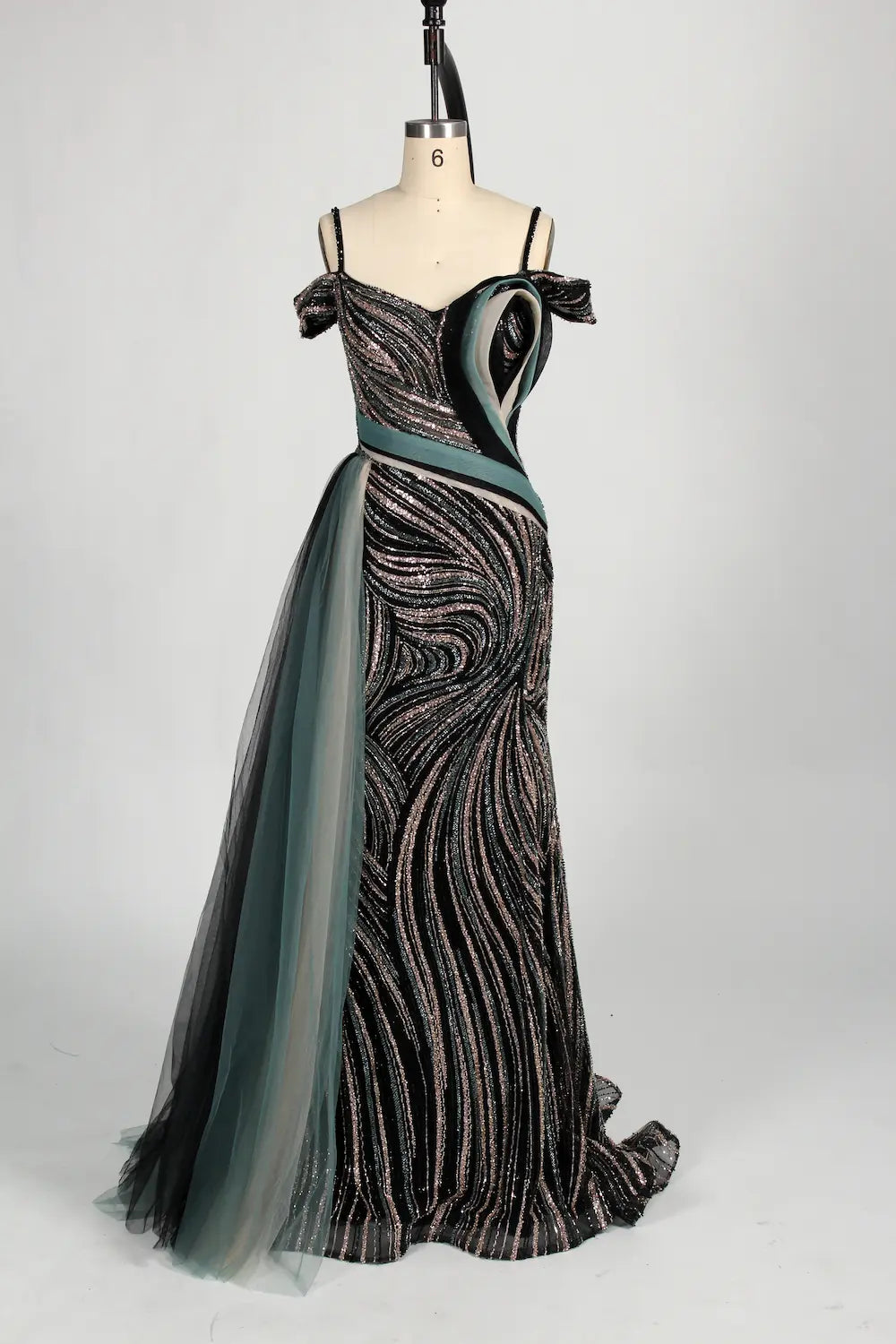 Off the Shoulder Sequined Black Evening Dress with Side Train MC127