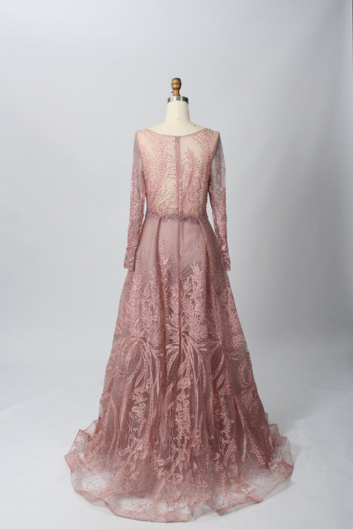 Dusty rose mother of the bride dress with sheer neckline, beaded embroidered lace sleeves