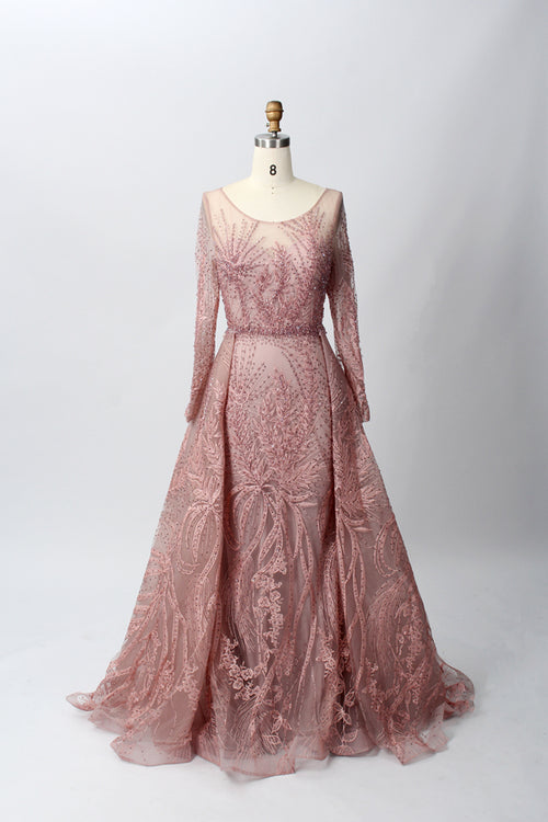 Dusty rose long-sleeve mother-of-the-bride dress with sheer neckline and embroidered skirt