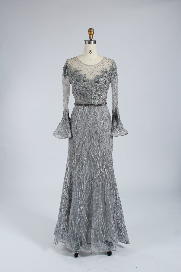 Silver Beaded Bell Sleeves Fitted Mermaid Tulle Mob Dresses MK056 – mylovelene