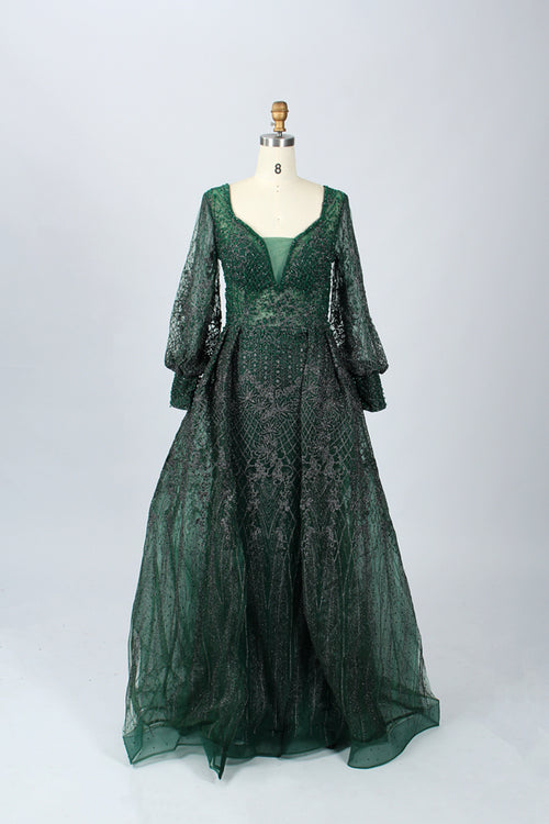 Green beaded lace V-neck dress with long puff sleeves and flared skirt.