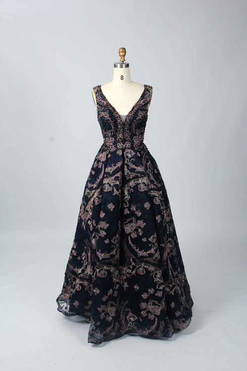 Black embroidered tulle mother-of-the-bride dress with plunging V neckline and full skirt