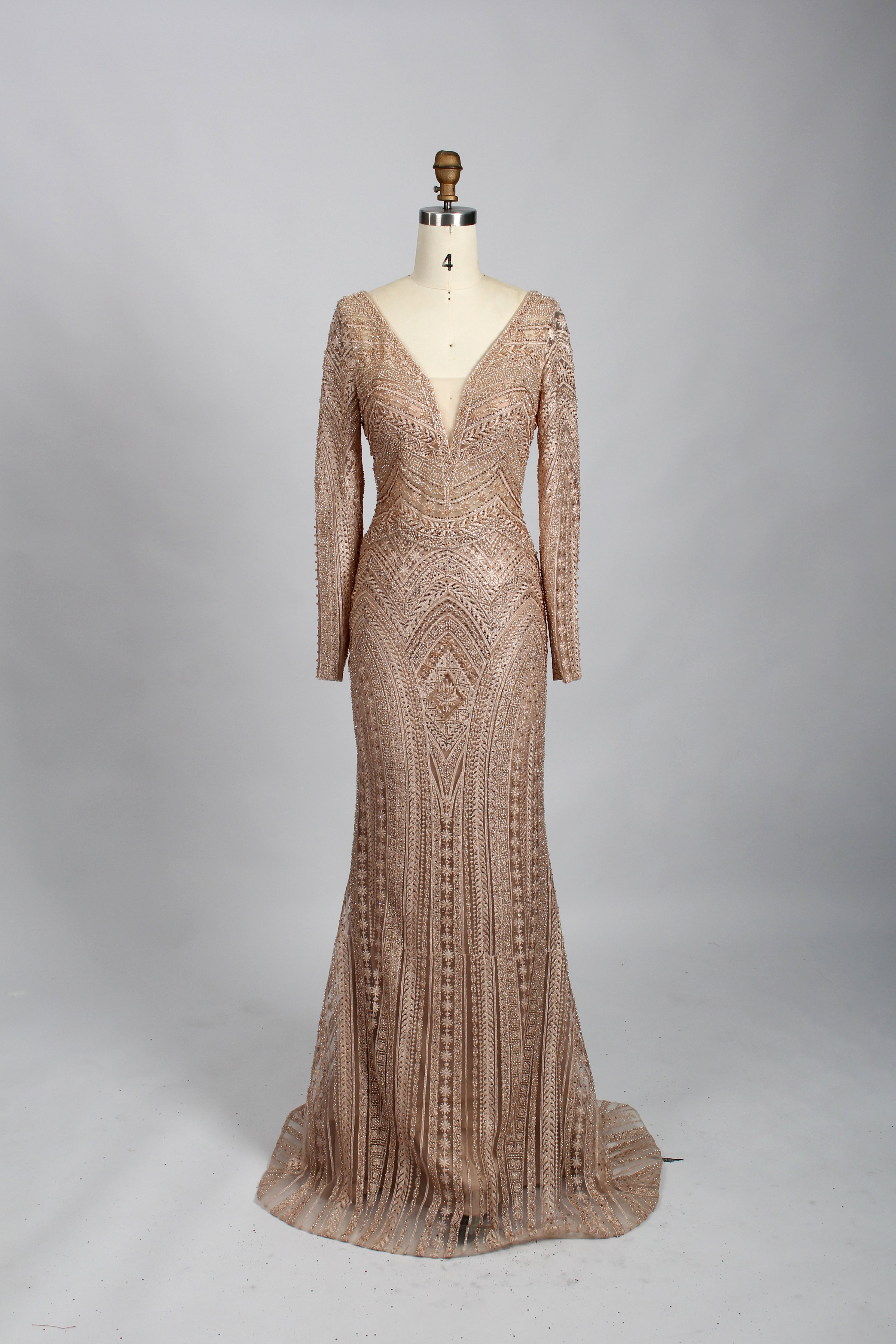 Wholesale Beaded Mesh Navy Evening Gown, Long Sleeve mk097