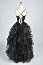 Wholesale Black Sequin Ruffled Spaghetti-Strap Evening Gown 33337