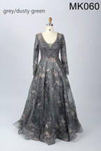 Gray beaded tulle long-sleeve ball gown with plunging V-neck and gathered full skirt