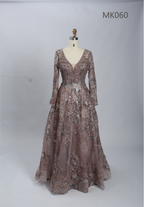 Dusty rose beaded tulle long-sleeve ball gown with plunging V-neck bodice
