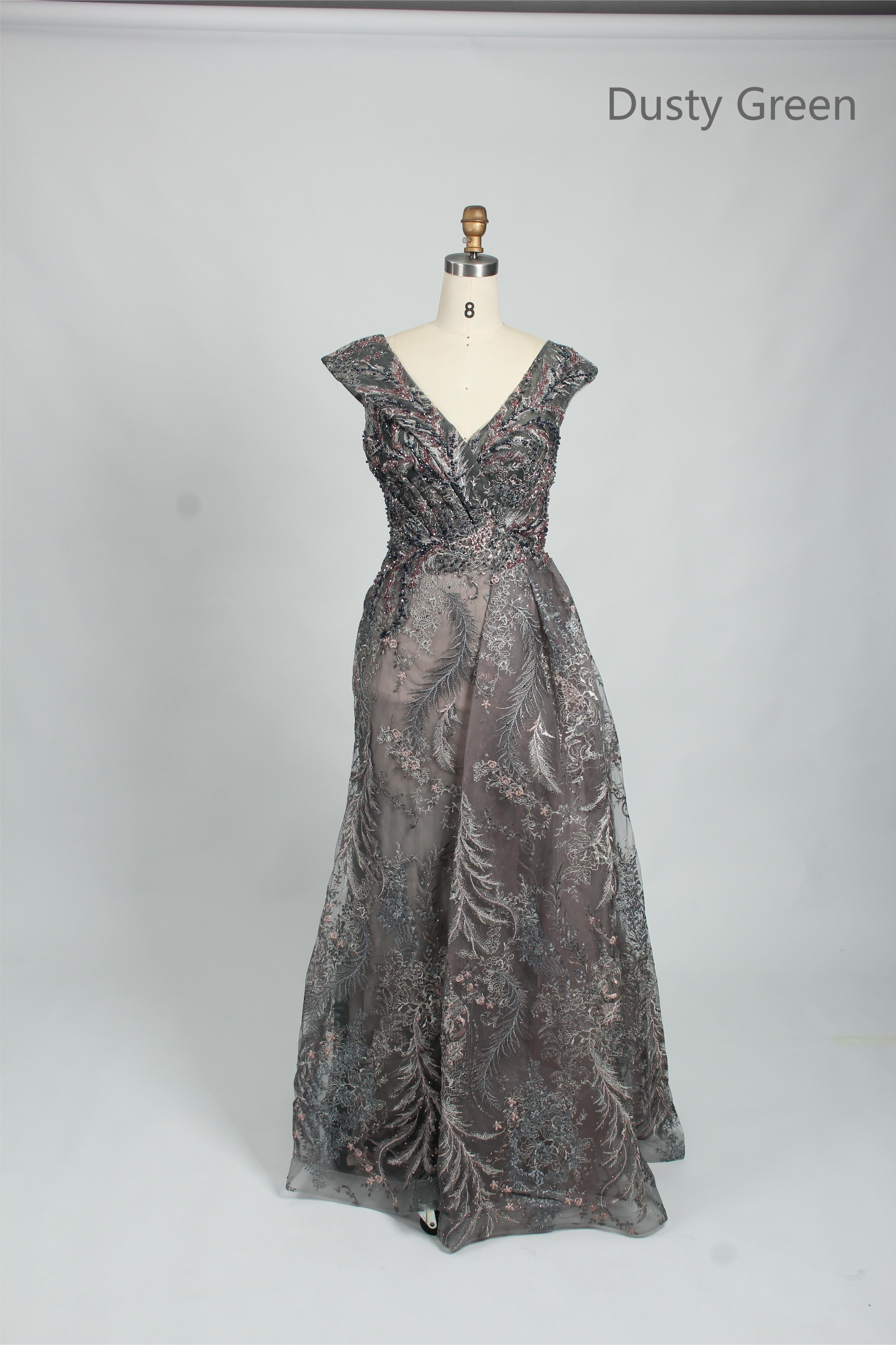 Dark gray sleeveless evening dress with V-neck and beaded bodice, full A-line skirt