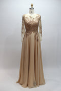 Champagne sequin lace long-sleeve mother-of-the-bride dress, sheer sleeves, full skirt